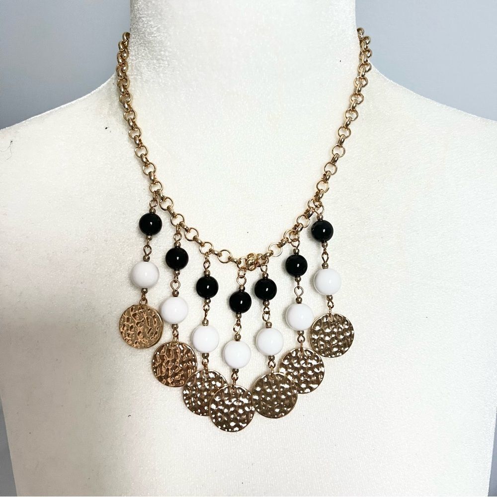 New A&I Black and white beaded and gold disc medallion bib necklace